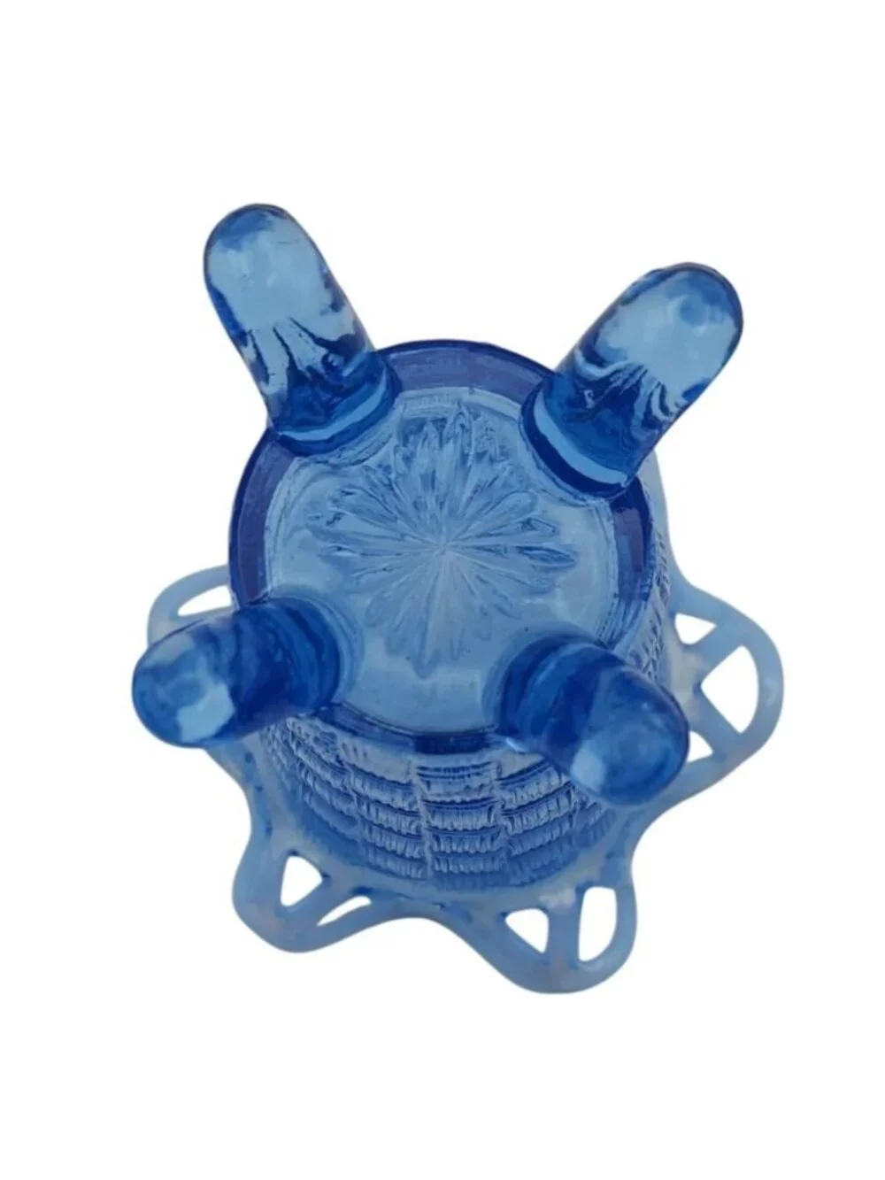 Fenton Glass Blue Opalescent Basket Weave 4 Toed Bud Vase Lace Ruffle Vintage